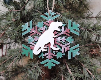 T-Rex Dinosaur Themed Holiday Ornaments – Wooden Snowflake (Choose Your Color)