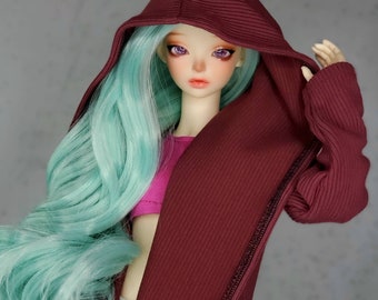 Beautiful Ribbed Burgundy Oversized Hooded Cardigan for SD 1/3 BJD, Smart Doll, Feeple60 / Fairyline60, Custom Fashions, OOAK Dolls Clothes