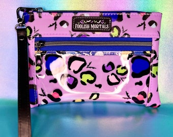 Scary Cute "Batty Leopard" Devon Wristlet, Custom Clear TPU Vinyl and Jelly Vinyl Clutch, Zipper Pouch