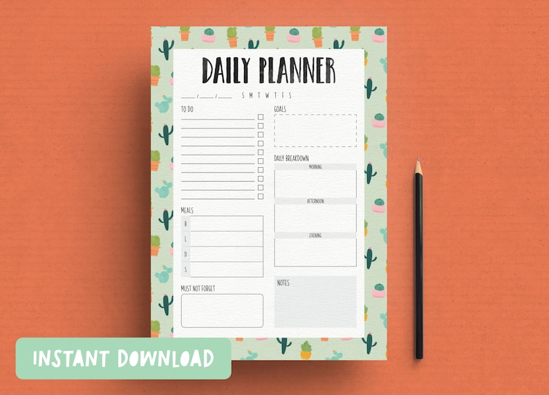 Daily Planner Cactus Print | A4 and US letter size PDFs included – INSTANT DOWNLOAD 