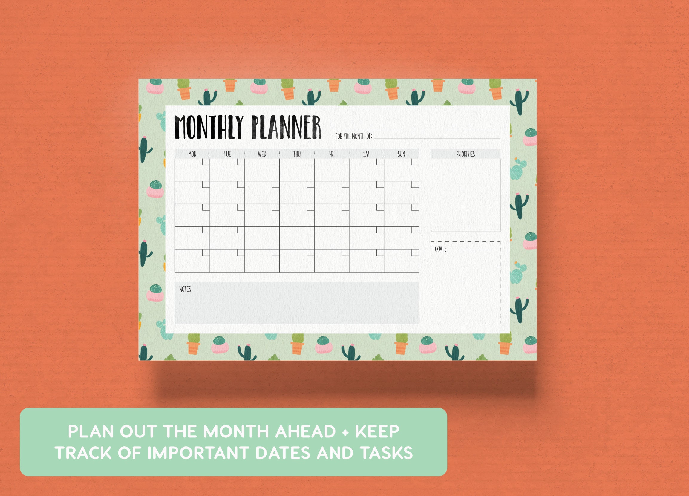 Monthly Planner Cacti Print A4 and US Letter Size Pdfs - Etsy