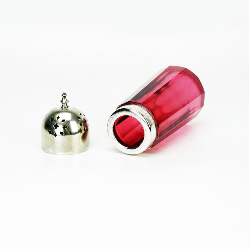 Victorian Cranberry Glass and Silver Plate Muffineer Sugar Caster Sifter