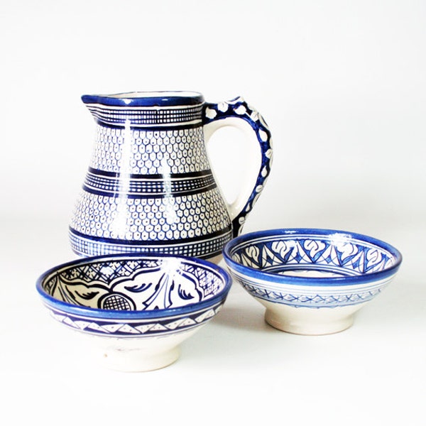 Moroccan Fez Arabesque Pottery Group. Moroccan Jug and Bowls. Blue and White Moroccan Fez Ceramics.