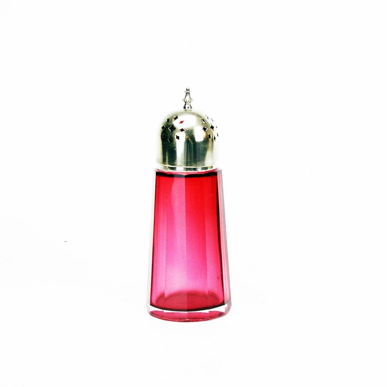 Victorian Cranberry Glass and Silver Plate Muffineer Sugar Caster Sifter