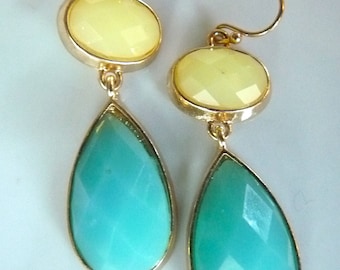 180 Swarovski Crystal Aqua Turquoise and Lemon Yellow Bright Dangle Earrings. Modern Jewelry For Her. Bridesmaids Gifts