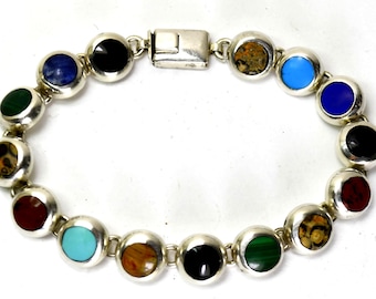 Taxco Mexico Sterling Silver Gemstone Link Bracelet 925 Mexican Vintage