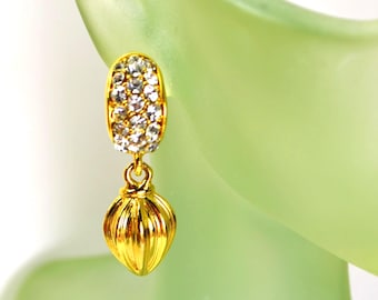 Vintage Dangle Teardrop Earrings Pierced Gold Tone Pave Crystal