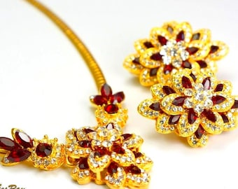 Ruby Red Crystal Statement Jewelry Set: Gold Plated Collar Necklace Earrings