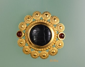 Rare Danecraft Gold Plated Brooch: Butterscotch Rhinestone & Faux Leather