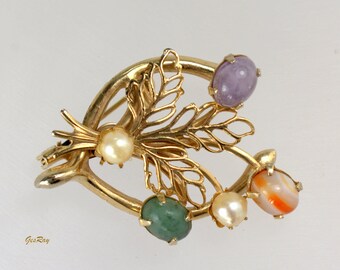 Swoboda Semi Precious Gemstone Brooch Flower Basket Pin Clip On Earrings Vintage Demi Parure
