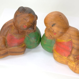 Old Chinese Hand Carved Wooden BOY GIRL, Asian Folk Art, Sleeping Children Figurines