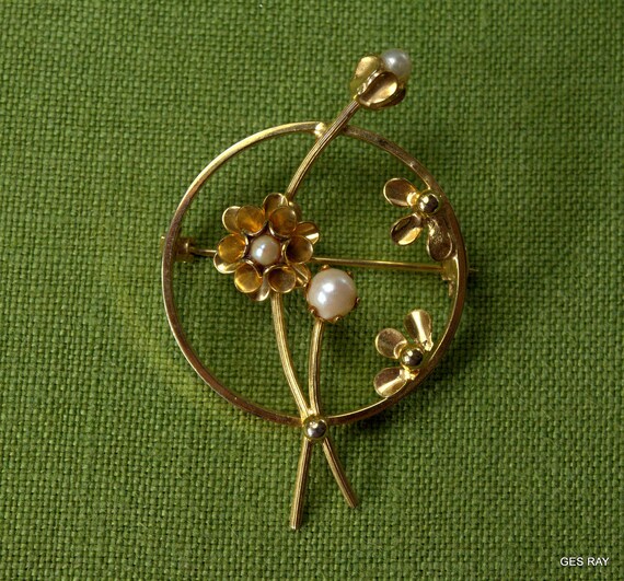 Art Nouveau Brooch Pin Floral Design Gold Genuine… - image 5