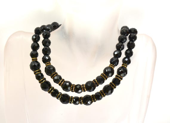 Vintage French Jet Black Crystal Necklace: Double… - image 4