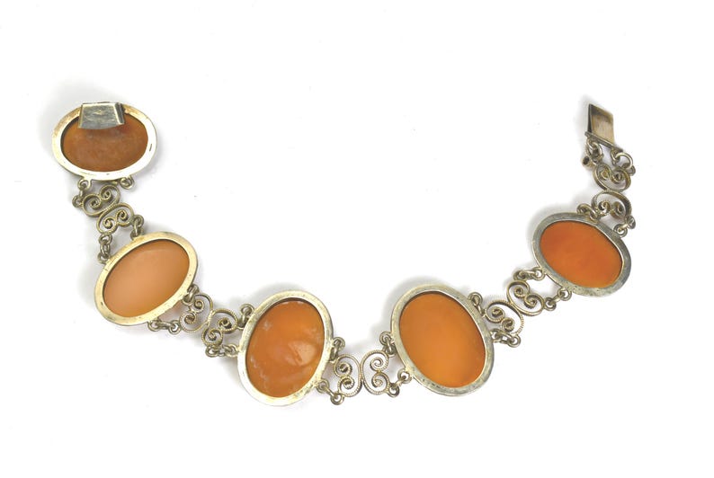 Antique Silver Cannetille Filigree Carved Shell Cameo Bracelet Necklace, Jewelry Set