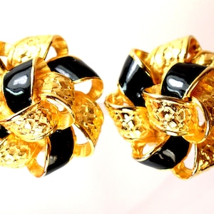 Large Bow Clip On Earrings Black Enamel Gold Textured 1980s Statement