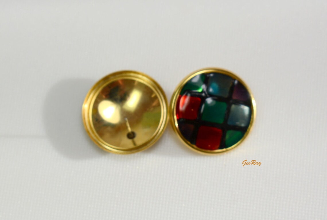Button Style Pierced Earrings Enamel Earrings Red Green Etsy