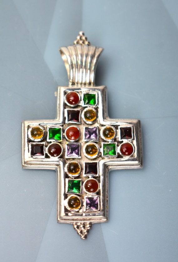 Vintage Cross Pendant Sterling Silver 925 Gemston… - image 4