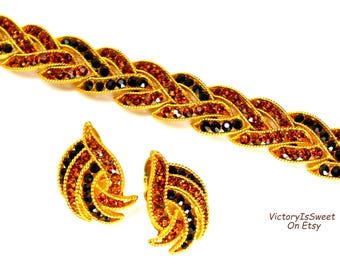Crown TRIFARI Bracelet and Earrings Woven Black And Brown Rhinestone, CAVALCADE Collection
