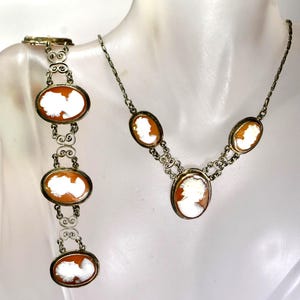 Antique Silver Cannetille Filigree Carved Shell Cameo Bracelet Necklace, Jewelry Set