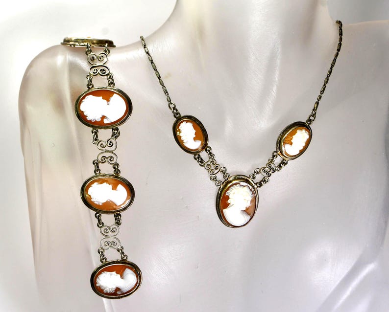 Antique Silver Cannetille Filigree Carved Shell Cameo Bracelet Necklace, Jewelry Set