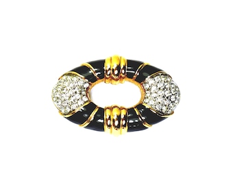Carolee Jewelry Brooch Pin Gold Tone Swarovski Crystal Black Enamel