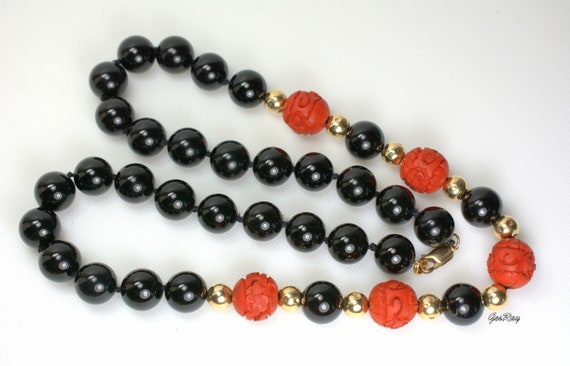 Vintage Onyx Carved Cinnabar Beaded Necklace Bead… - image 1