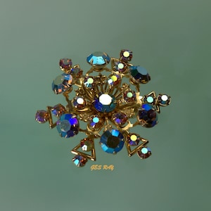 Vintage AB Aurora Borealis Rhinestone Brooch Pin Starburst Flower Brooches