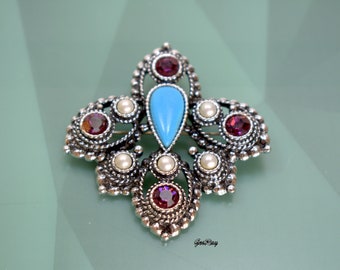 Vintage  Imperial Cross Pendant / Brooch Sarah Coventry Jewelry ,  Faux Turquoise, Amethyst And Pearl Stones