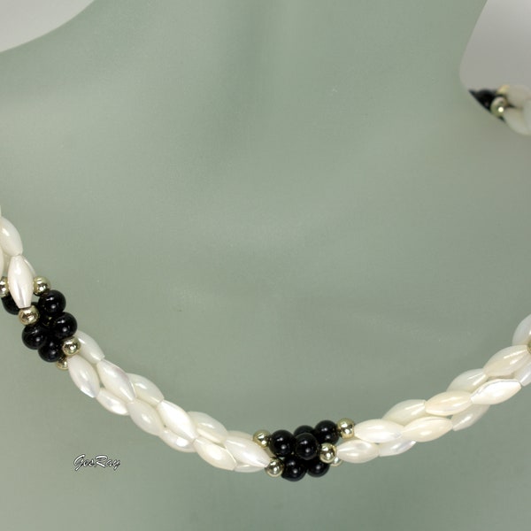 Vintage Multi Strand Genuine Rice Pearl Black Onyx Torsade Necklace