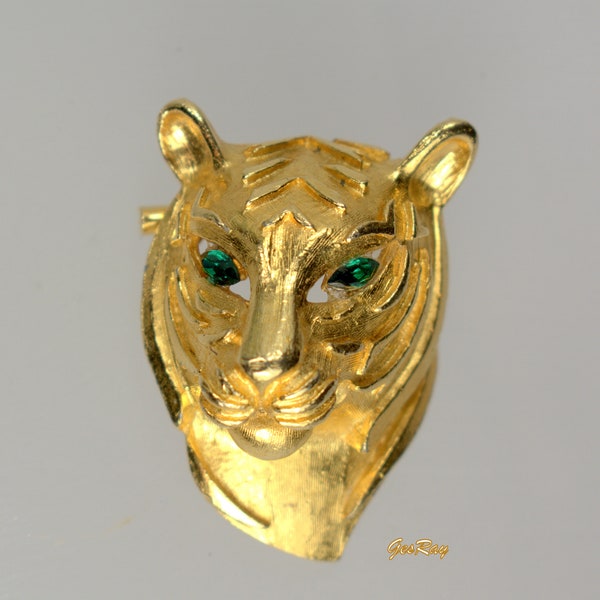 Vintage Gold Big Cat Tiger Leopard Head Brooch Pin / Tigers Head / Wild Cat Brooch / Statement Brooch / Scarf Ring Pin