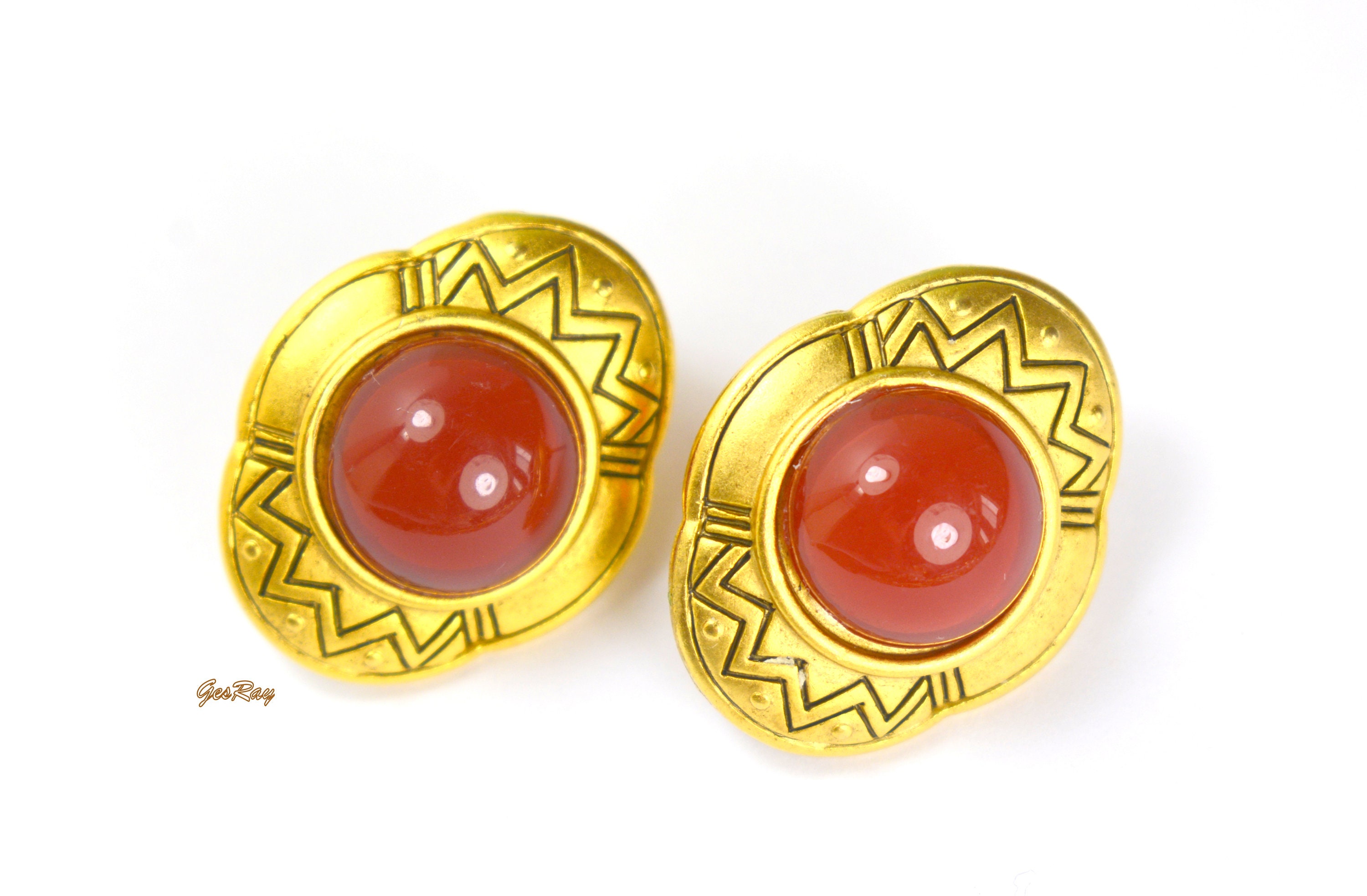 Boucles D'oreilles Vintage à Cabochon Marron - Monture Dorée, Diamètre 1.2 Cm - Occasion (sans Marque)