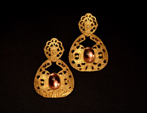 Statement Dangle Drop Earrings Purple Cabochons, … - image 3