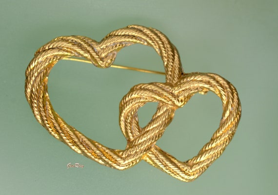 Vintage Gold Rope Knot Double Hearts Twisted Rope… - image 2