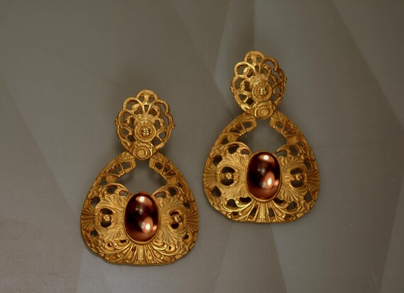 Statement Dangle Drop Earrings Purple Cabochons, … - image 5