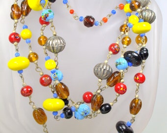 Antique Necklace Hand Blown Multicolor Poured Glass Multicolor