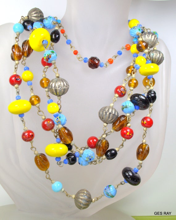 Antique Necklace Hand Blown Multicolor Poured Glas