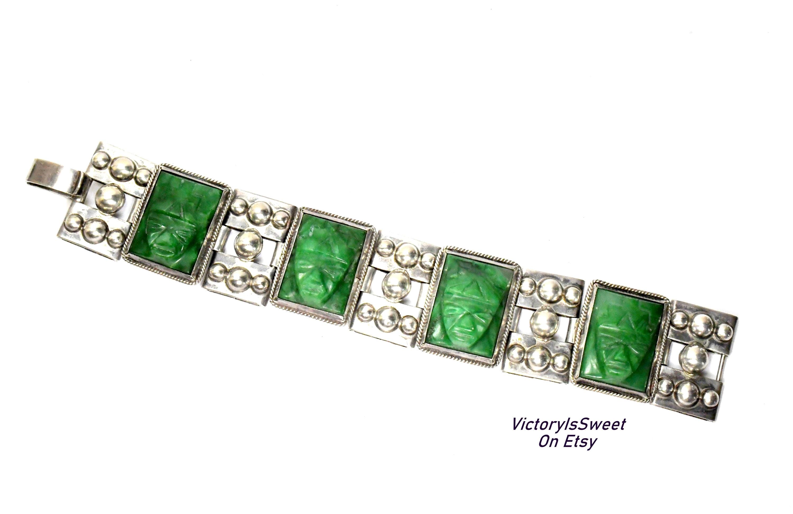 Jewelry Mexico Sterling Silver Bracelet Green Onyx Carved Mayan