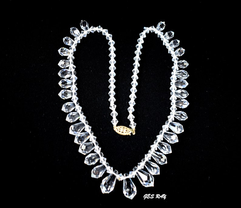 Vintage Graduated Crystal Tear Drop Necklace Antique Crystal Necklace Art Deco