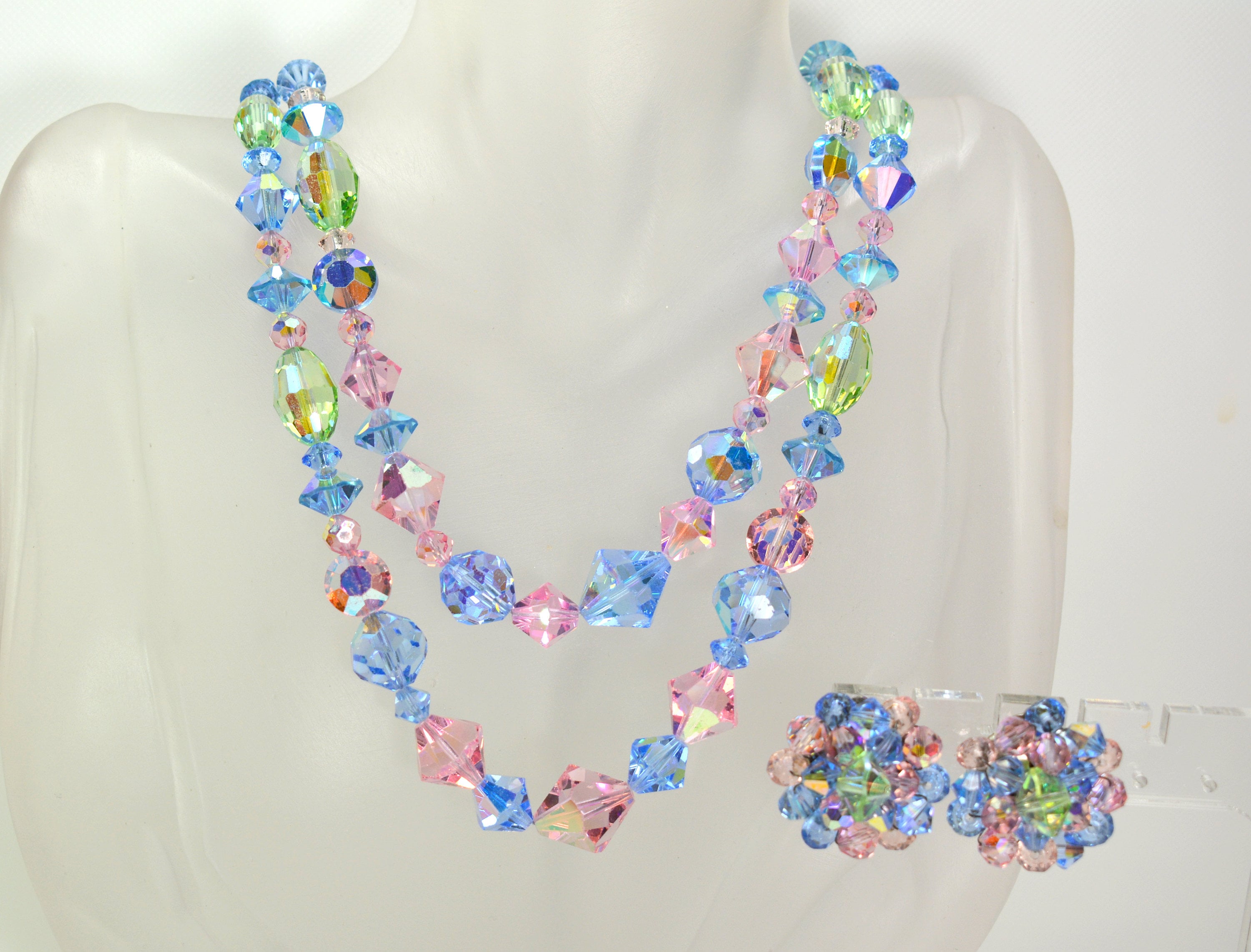 Vintage Austrian Crystal Jewelry Set: Multicolor Necklace & Clip