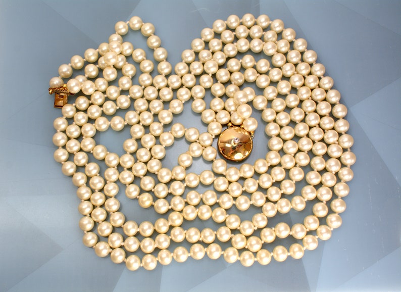 Designer Glass Pearl Multi Strand Opera Necklace Hand Knotted Very Heavy, Statement Designer Pearl Jewelry
