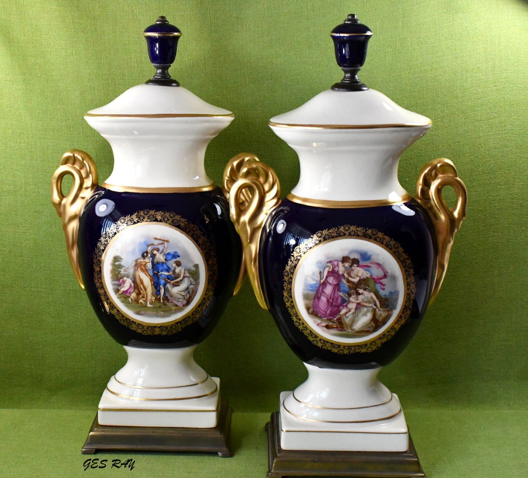 Pair of Antique Urns With Swan Handles French Porcelain Vases Urns Gilt