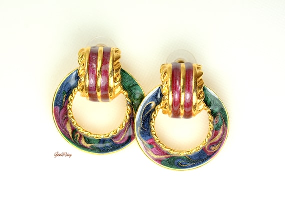 Vintage Gold Plated Enamel Door Knocker Dangle Earrings