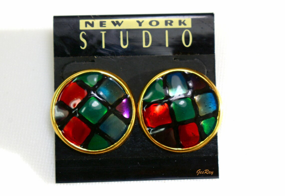 Button Style Pierced Earrings Enamel Earrings Red Green Etsy