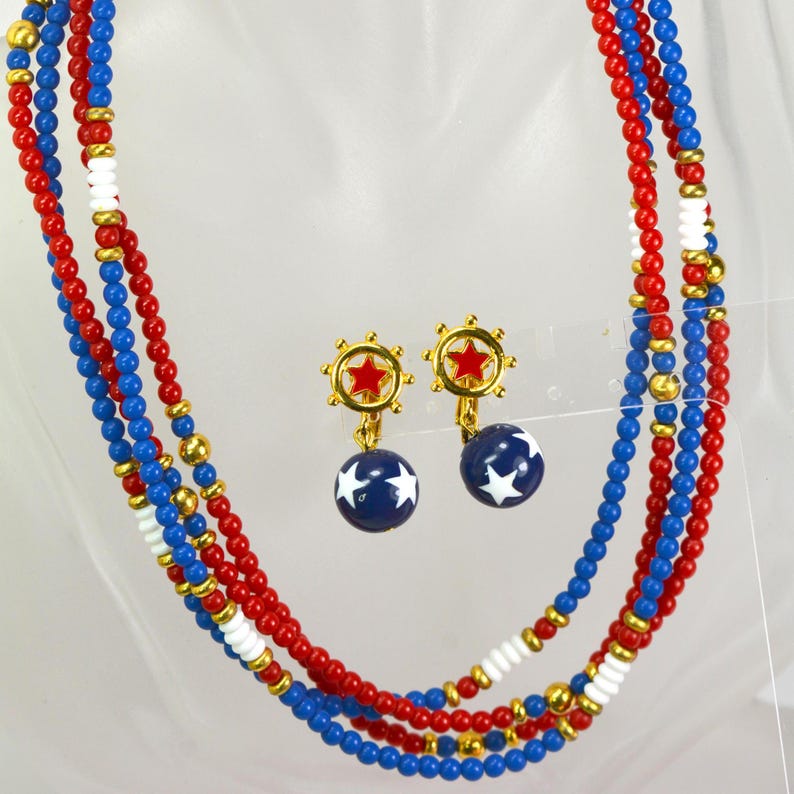 Monet American Patriotic Jewelry 2 Necklaces and Earrings Red White & Blue, USA Patriotic Jewelry