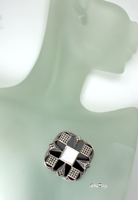 Art Deco Sterling Silver Onyx Brooch Pin Marcasit… - image 3