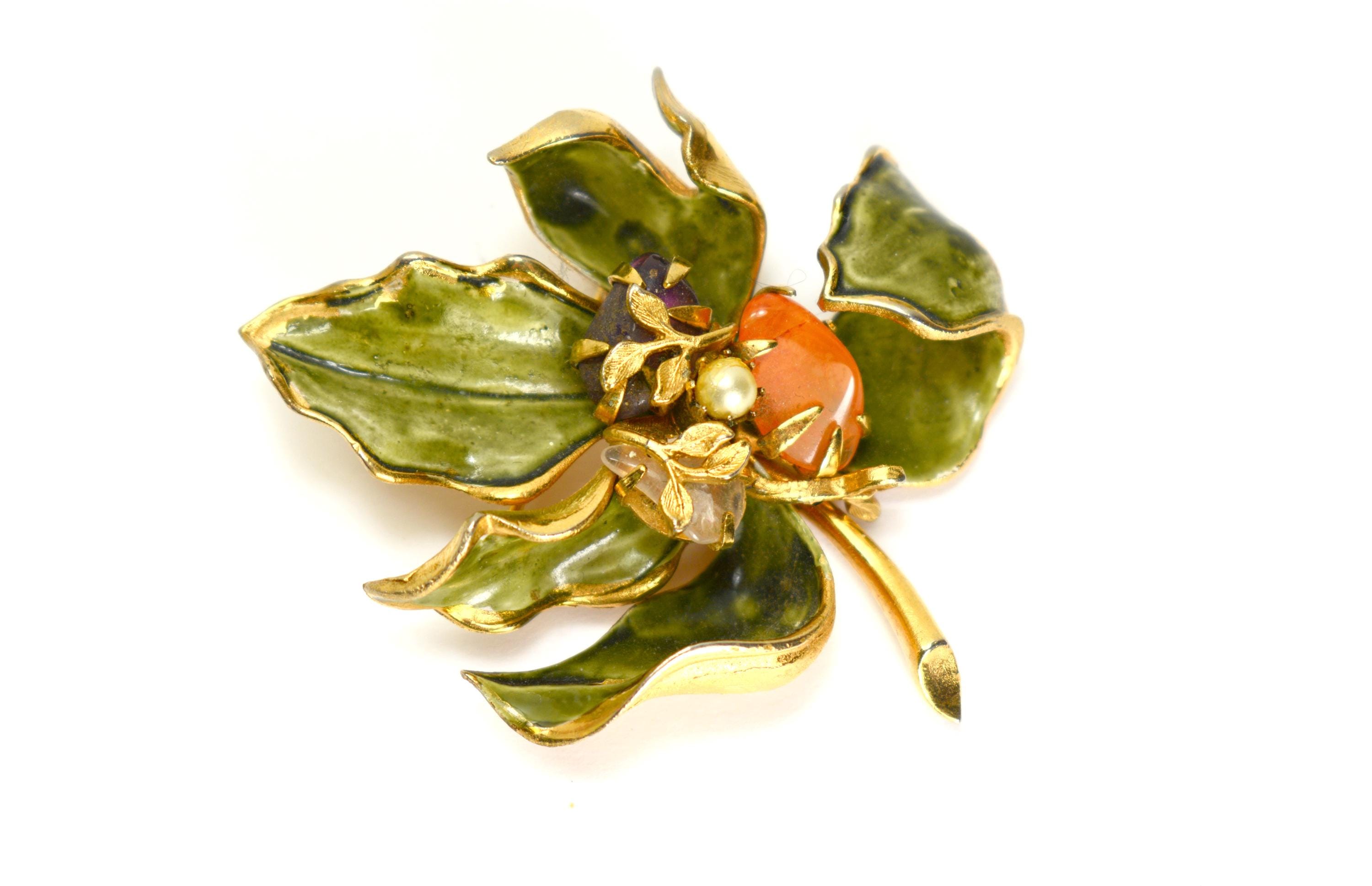 Jewels by Francois for Coro Green Enamel Floral Leaf Brooch