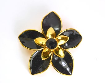 Vintage St John Brooch Pin Flower Gold Black Enamel Figural, Haute Couture Brooch Pin Statement, Victoryissweet