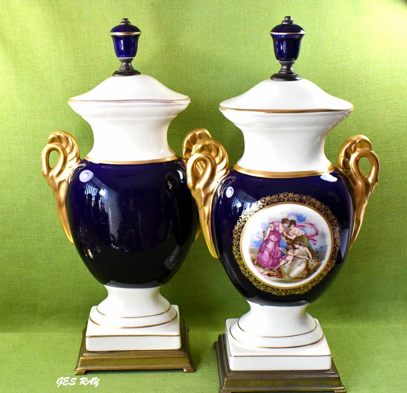 Pair of Antique Urns with Swan Handles French Porcelain Vases Etsy
