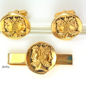Vintage Swank Cufflinks & Tie Clip, SWANK Greek Cufflinks / Wedding Groom Gift Men&#39;s / Greek Mythology