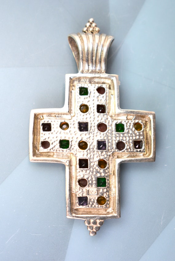 Vintage Cross Pendant Sterling Silver 925 Gemston… - image 6